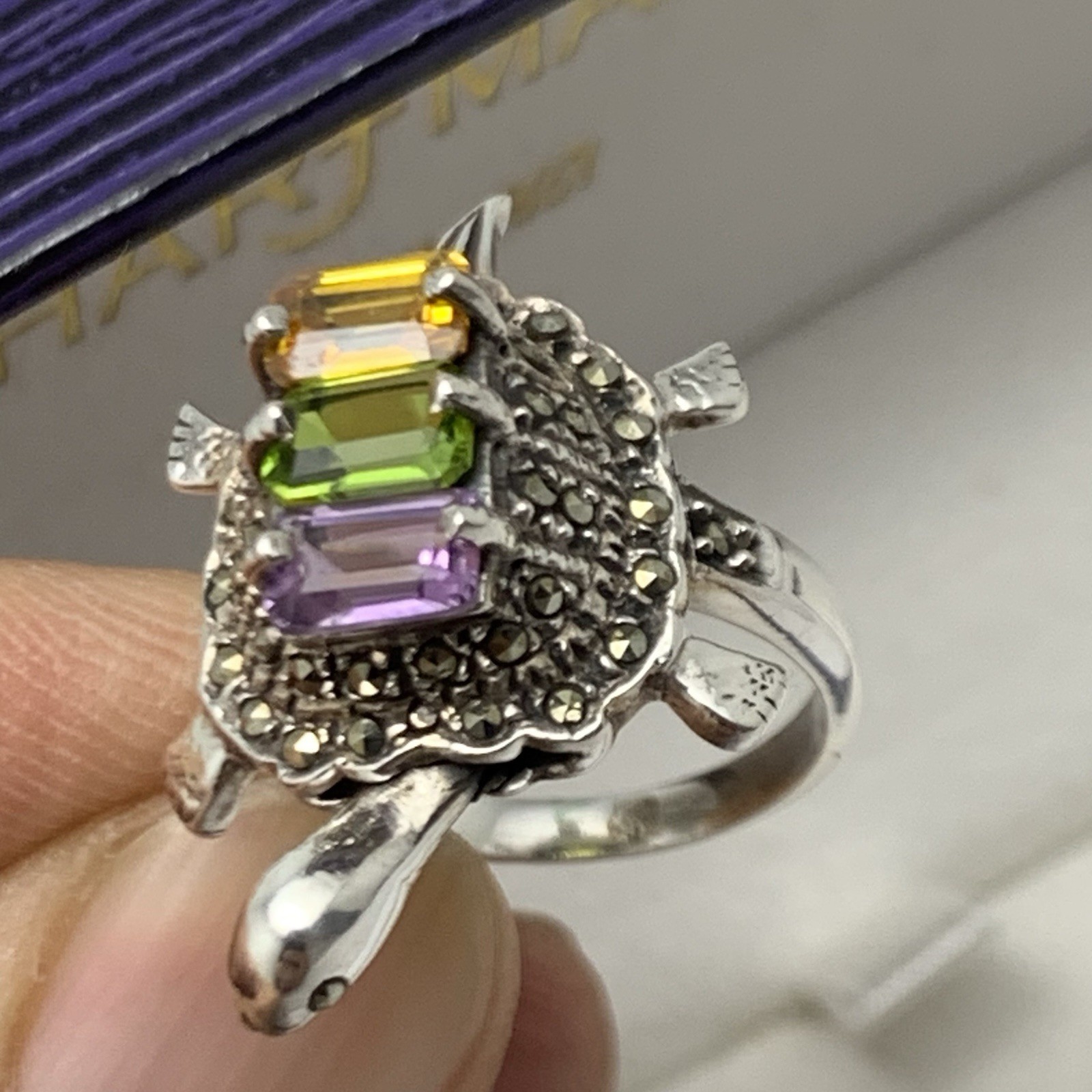 Vtg Turtle Ring w Moving Head 925 Sterling Silver Multi Colored Gem / Marcasite