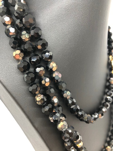 Czech Glass Fire Polished Faceted Jet Black Glass Bead Opera Length Necklace