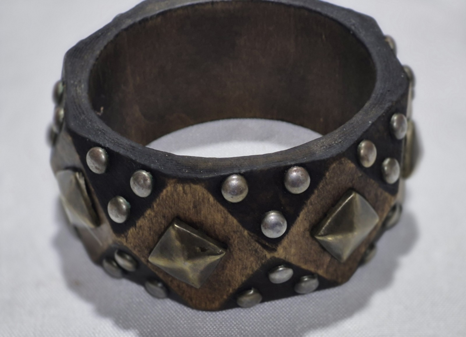 Vintage Brown Wooden Bangle with Gold Tone squares And Silver Studs Bracelet