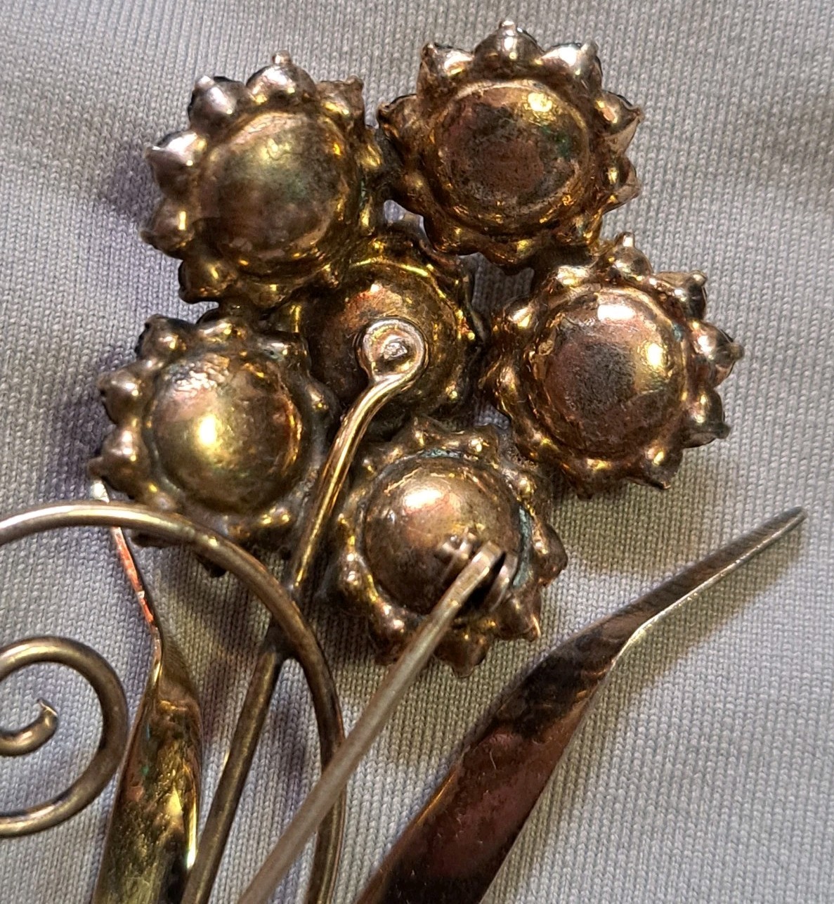 1950s 925 Sterling Silver Vermeil Blue Rhinestone Faux Pearl Brooch 3.5” 17gr