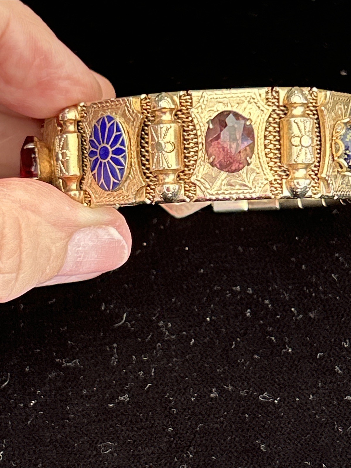 Vintage Mesh 7″ Bracelet Victorian Revival Station Stone Charms