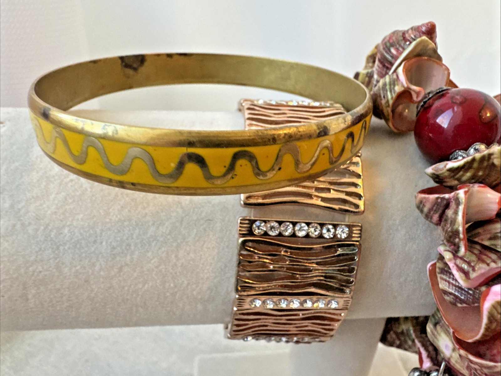 14 Bracelets earthtones glass beads shell textured Goldstone Lot boho 90s hippie