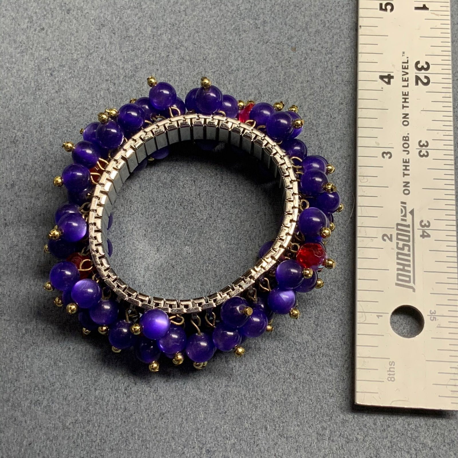 Beaded Stretch Bracelet 7 In Purple Red Hat Society Gold Dangle Pins Silver Base