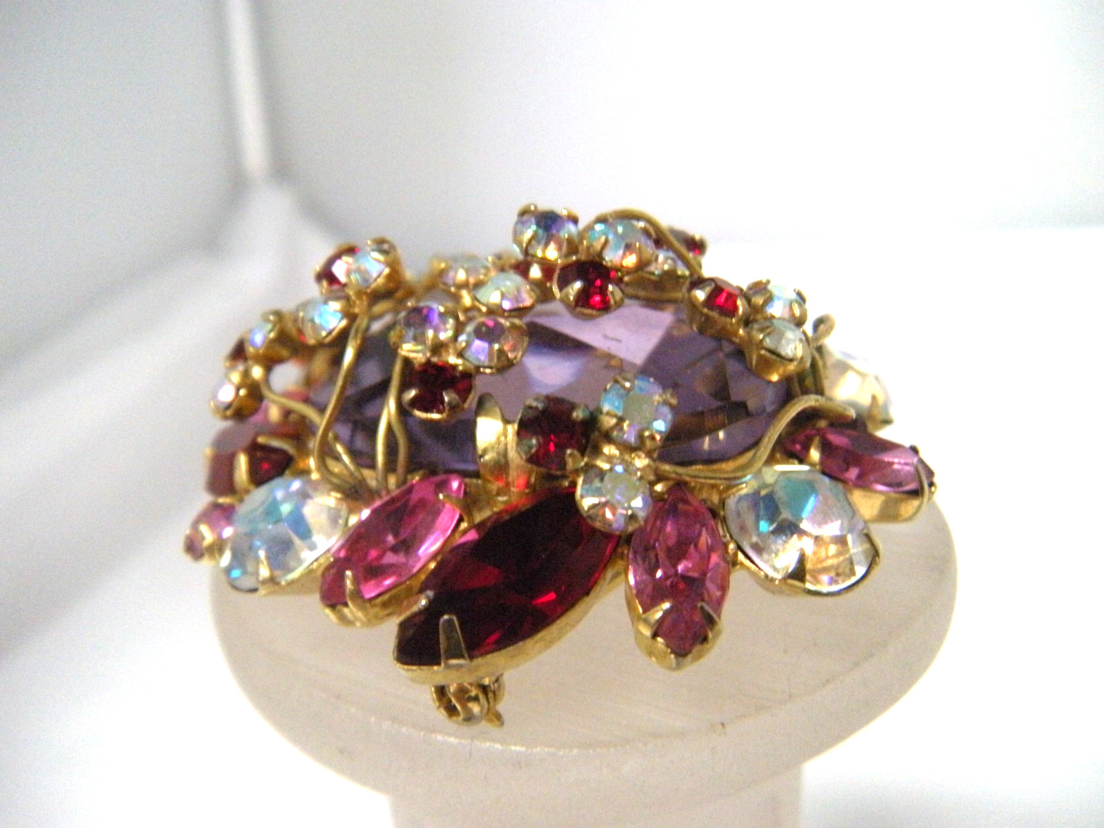 JULIANA Purple Pink Red Rhinestone Vintage Brooch Earring Set