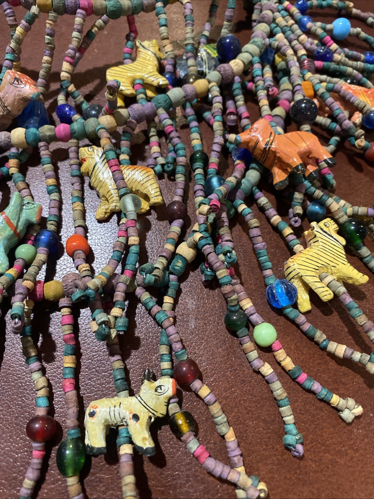 BOHO African Multi Strand Statement Necklace Wooden Carved Animals Fringe Beads