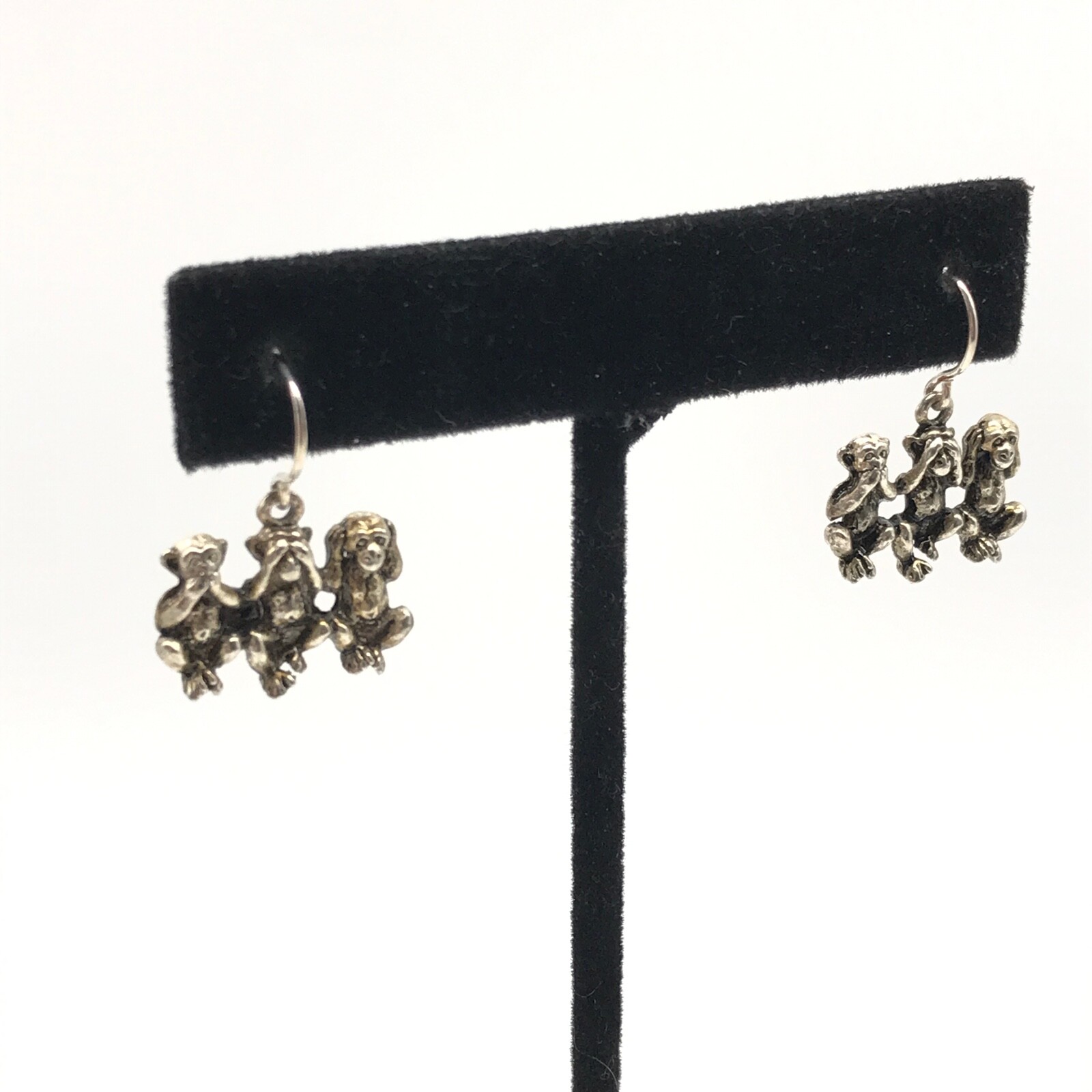 Vintage Silver Tone Triple Monkey Animal Themed Dangle Earrings