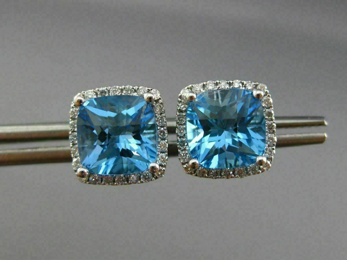 ESTATE 4.02CT DIAMOND & BLUE TOPAZ 14KT WHITE GOLD SQUARE HALO CLASSIC EARRINGS