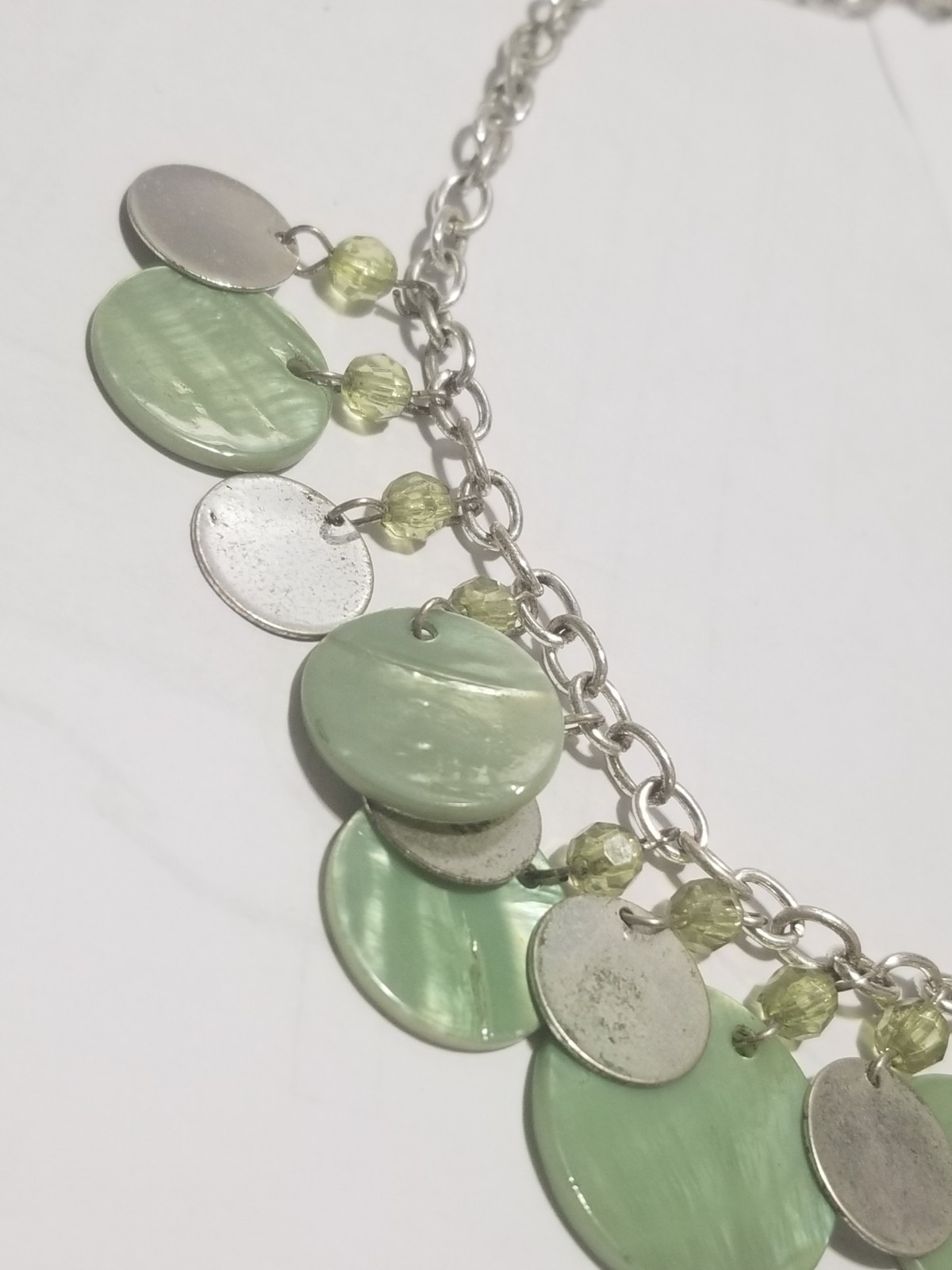 Vintage Necklace & Earrings Set Silvertone With Green Shells And Beads 18 Inches