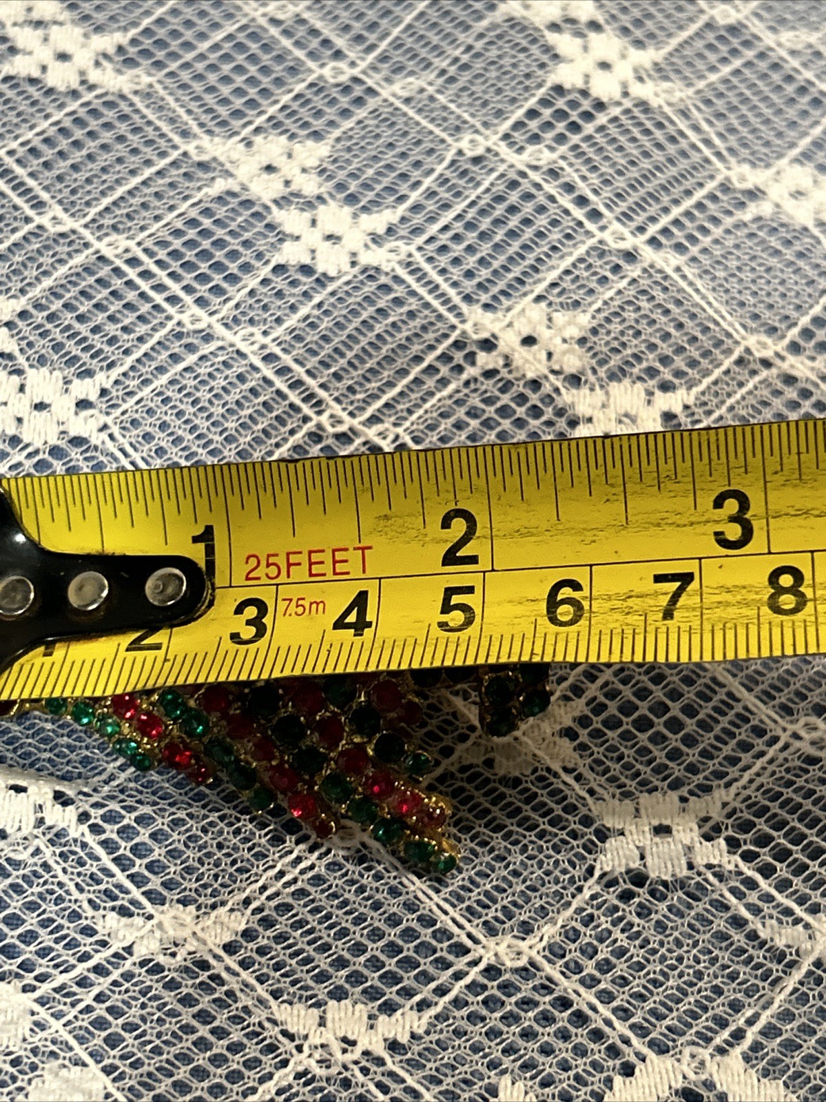 Vintage Gold Tone Red~Green Rhinestone Christmas Tree Pin~Brooch