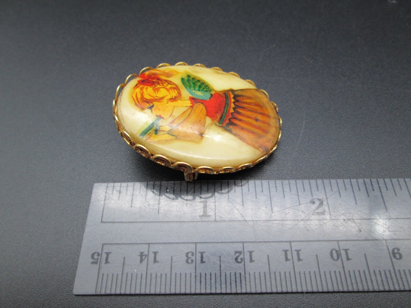 Angel Holiday Painted Porcelain Brass Portrait Brooch Pin Estate *Corrosion Back