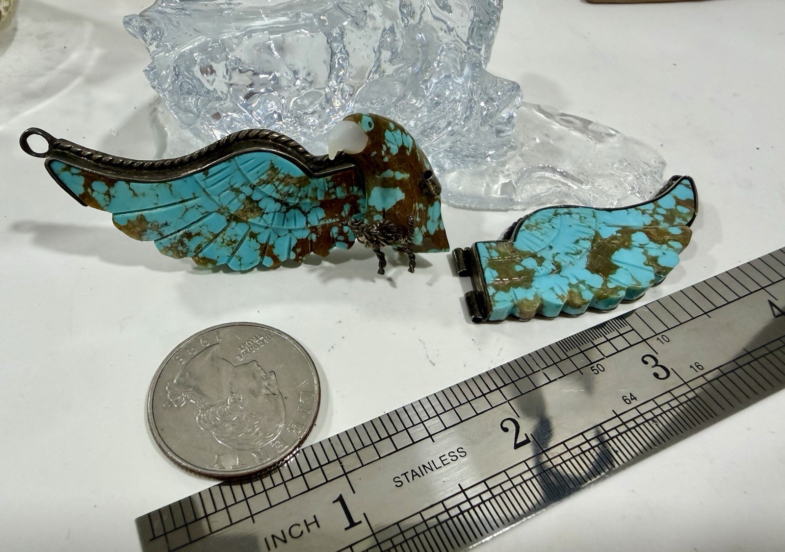 Vintage Native Navajo Carved Turquoise & Silver Large Wing Spread Eagle Pendant