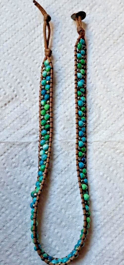 PRE-OWNED GREEN AND BLUE BEADED LEATHER CORD WRAPPED CHOKER – APPROX 12 1/2″