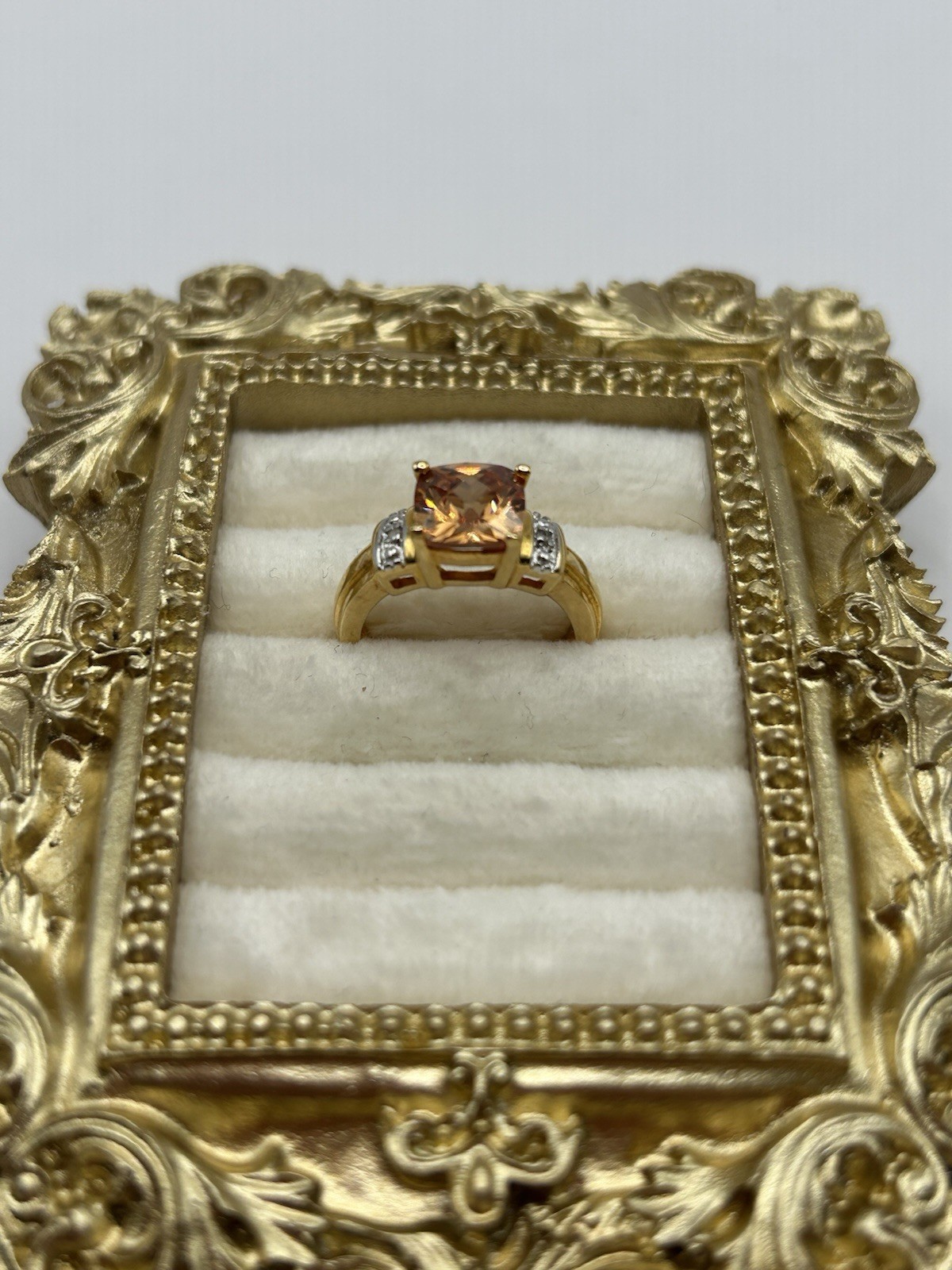Vintage Gold Tone Cushion Cut Champagne CZ Ring w/ Accents Size 6 Costume