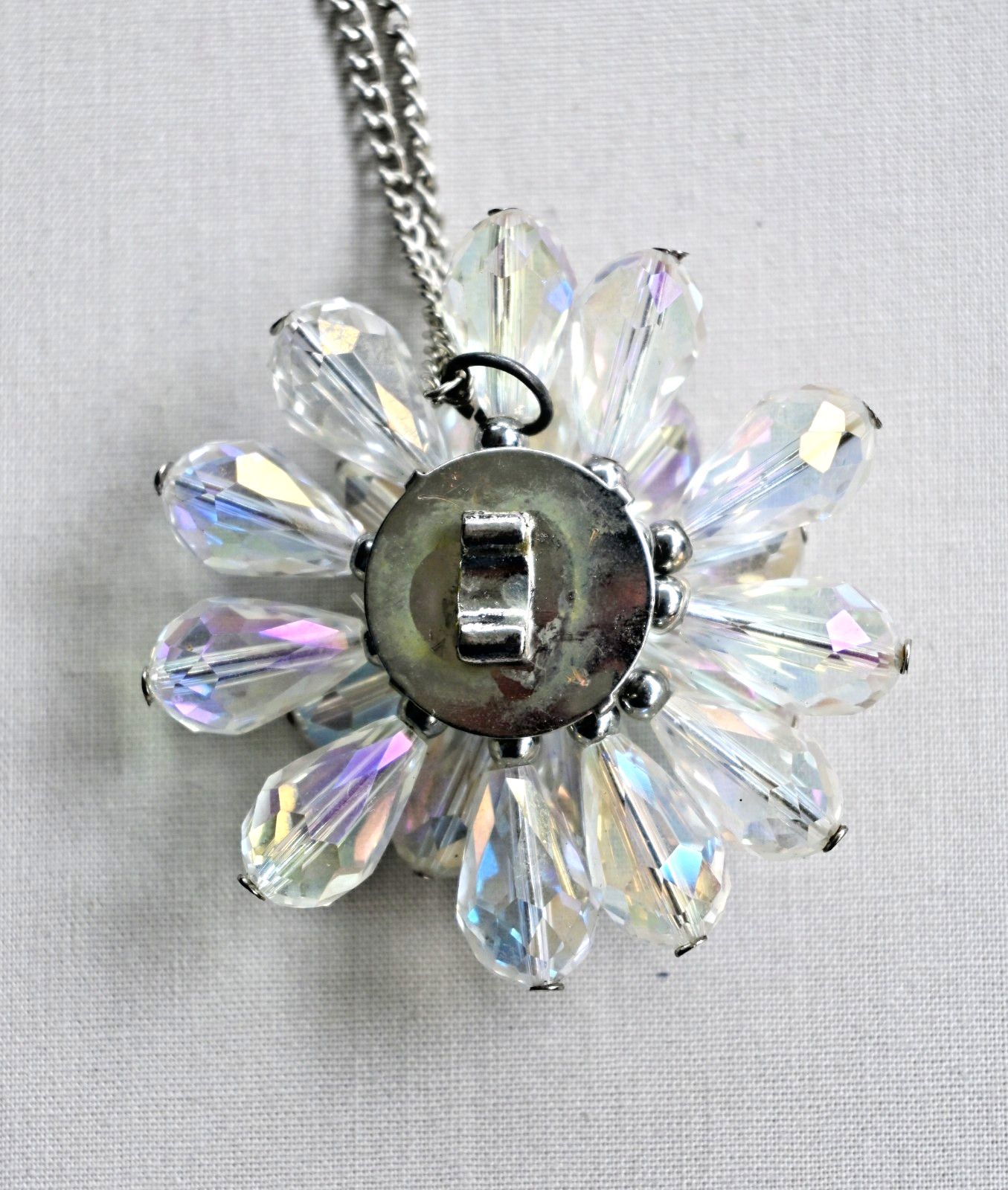 Faceted Aurora Borealis Crystal Glass Large Floral Pendant Flower Necklace