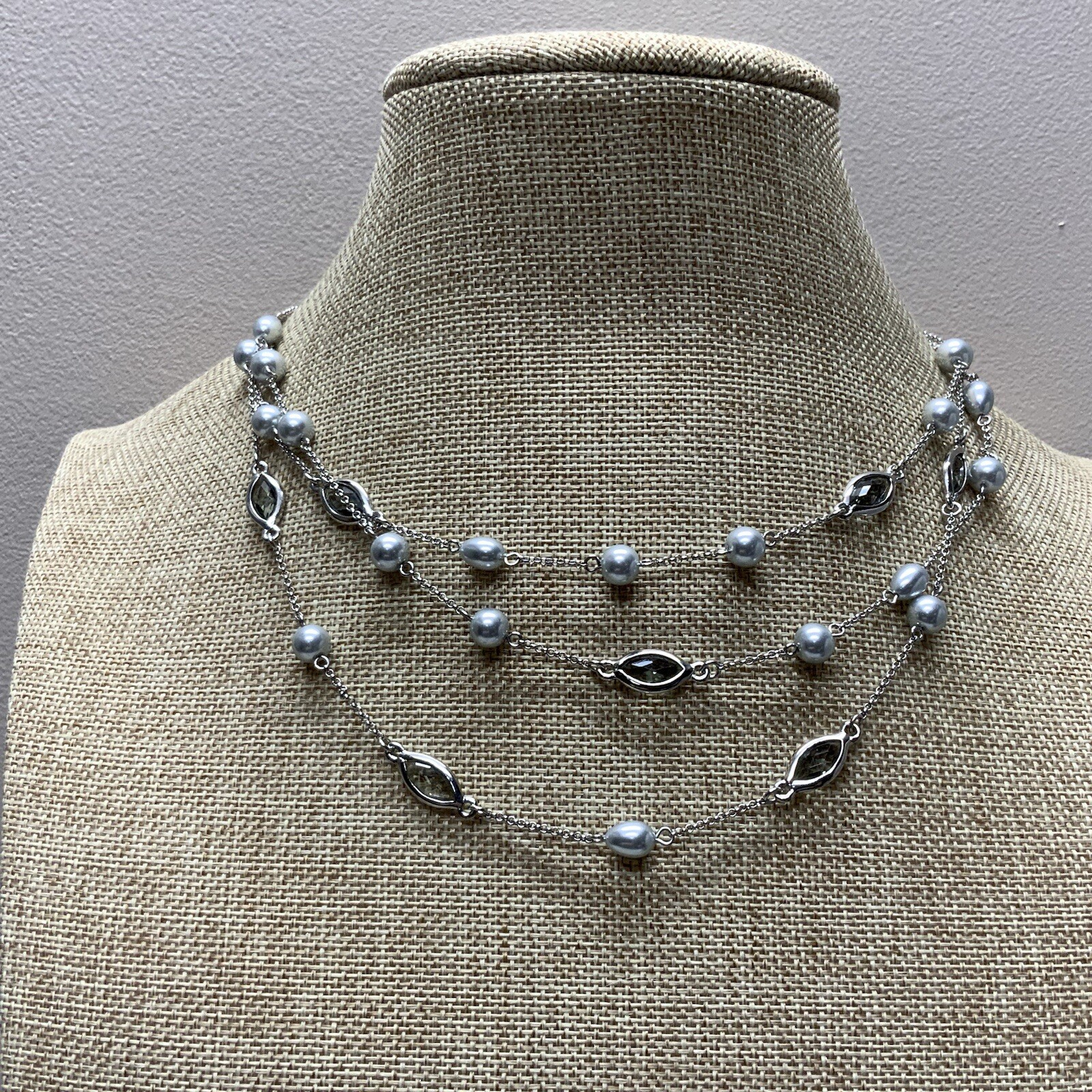 Modern signed MONET gray pearl and bezel rhinestone multi-strand necklace
