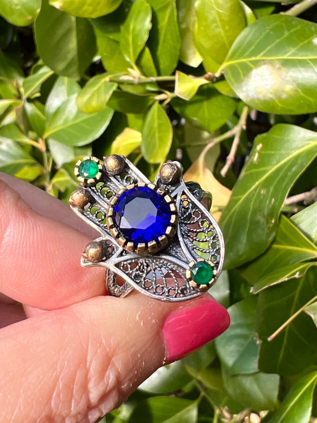 VINTAGE HAMSA VIVID BLUE GREEN PASTE GLASS STONES 925 STERLING SILVER UNIQUE