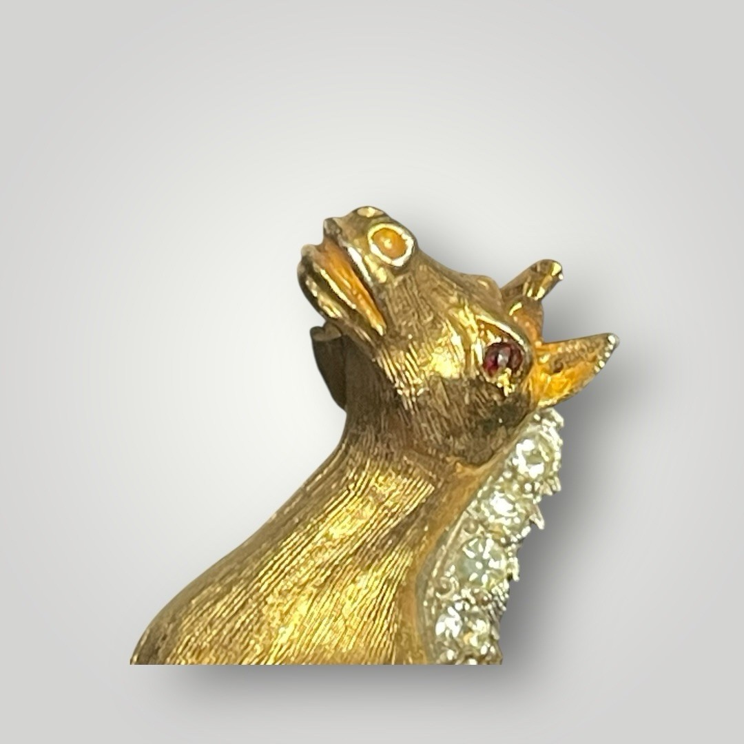 Vintage JJ Jonette Running Horse Brooch Gold Tone Rhinestone Mane Tail Pin