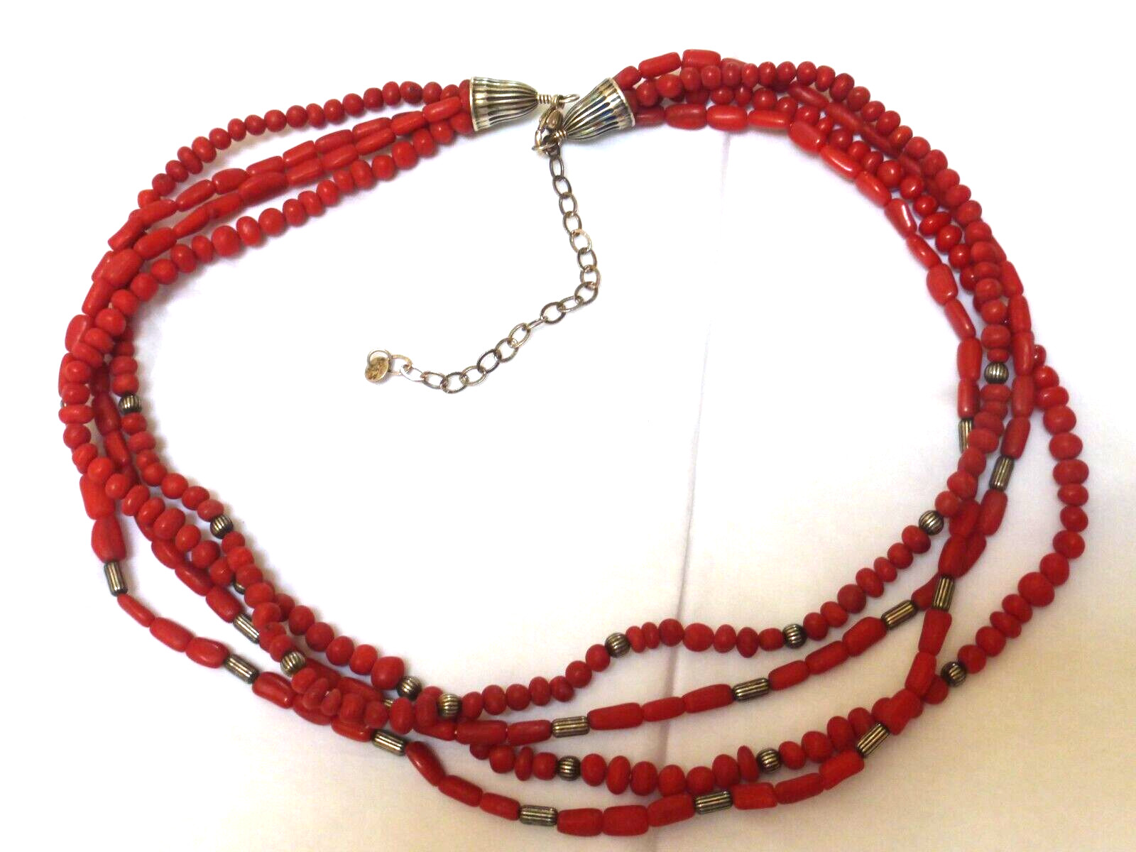 Vintage sterling silver red coral bead 4 stands necklace, undyed
