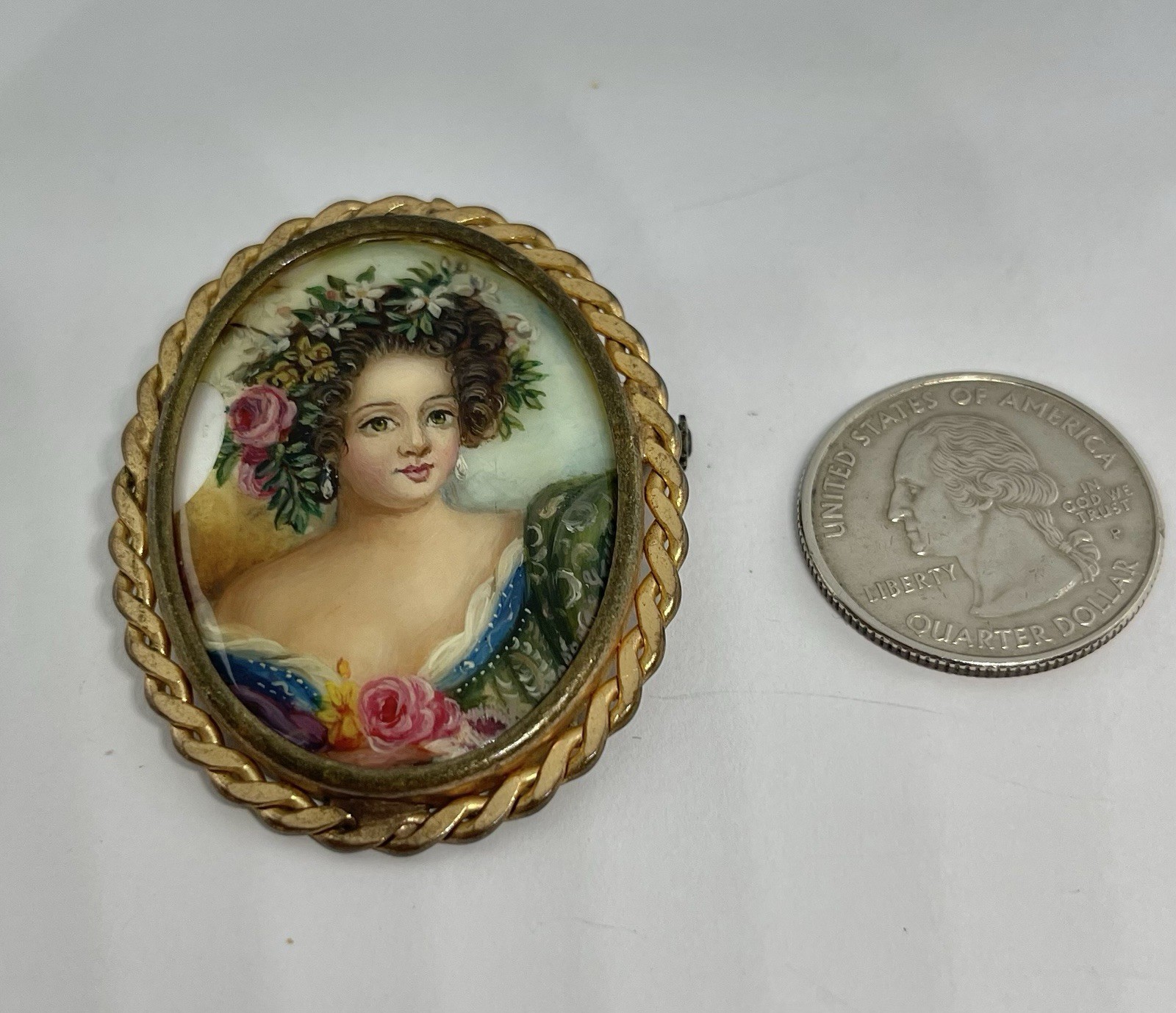 Vintage Gorgeous Hand Painted Lady Portrait on Mother of Pearl Signed Brooch