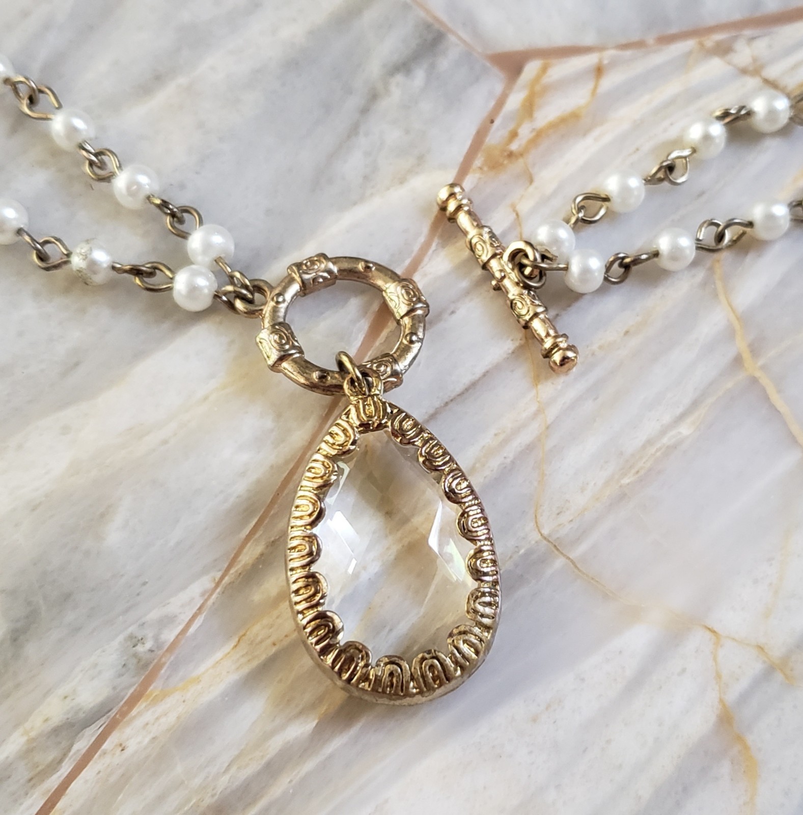 Vintage Faux Pearl Double Strand Necklace Gold Tone Crystal Pendant 18″