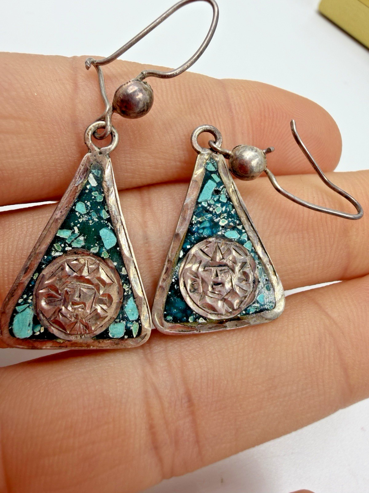 Vintage Earrings Mexico Guadalajara Dangle Triangle Turquoise Chip Inlay 925