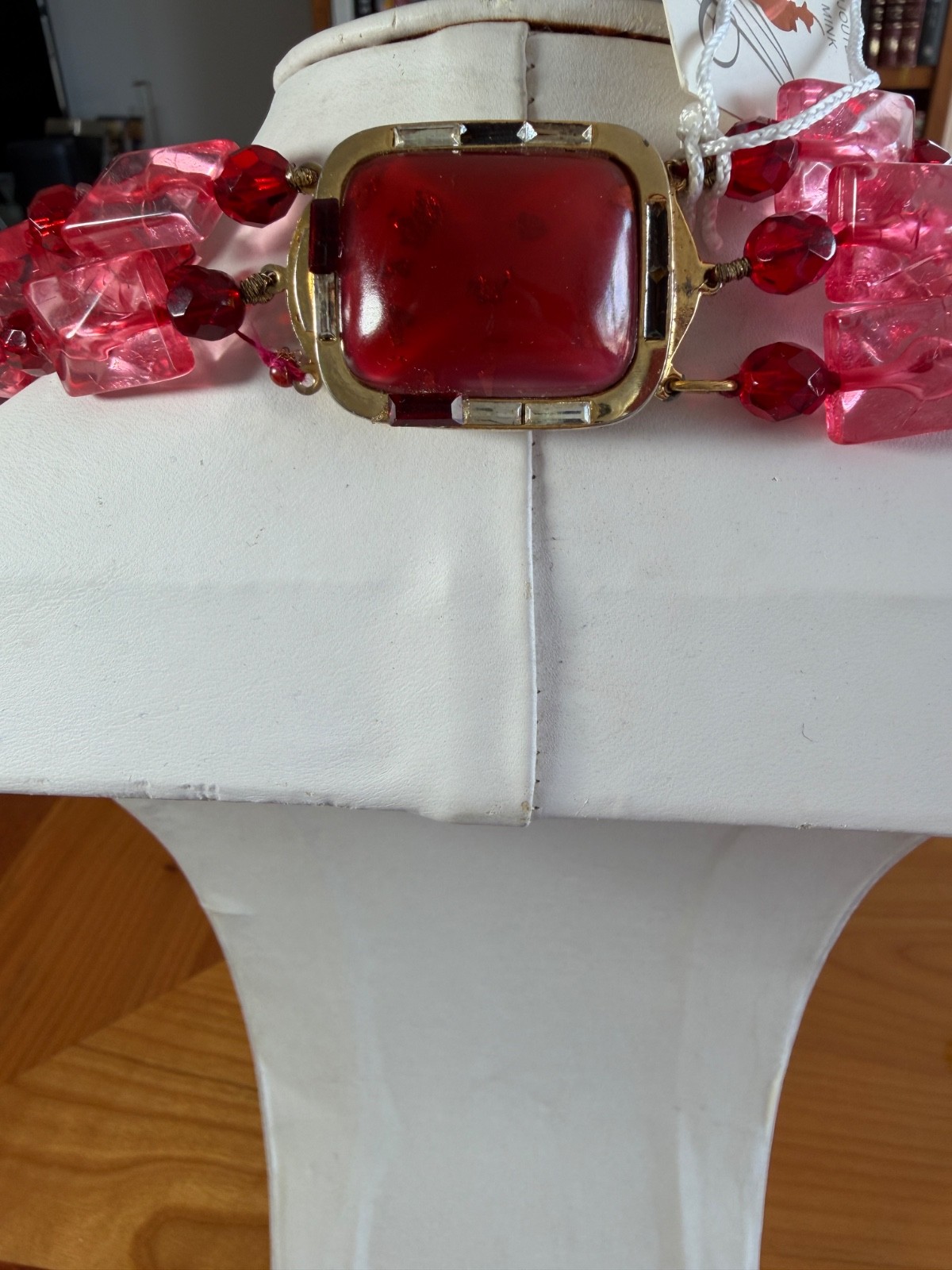 Vintage Pink & Ruby Red Lucite Acrylic Necklace 16” triple Strand statement
