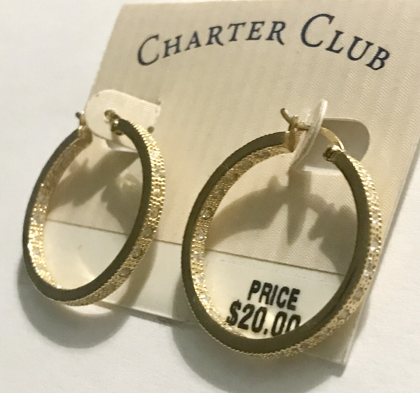 1-1/4” HOOP Earrings NOC Gold & rhinestone pierced Charter Club Retail $20