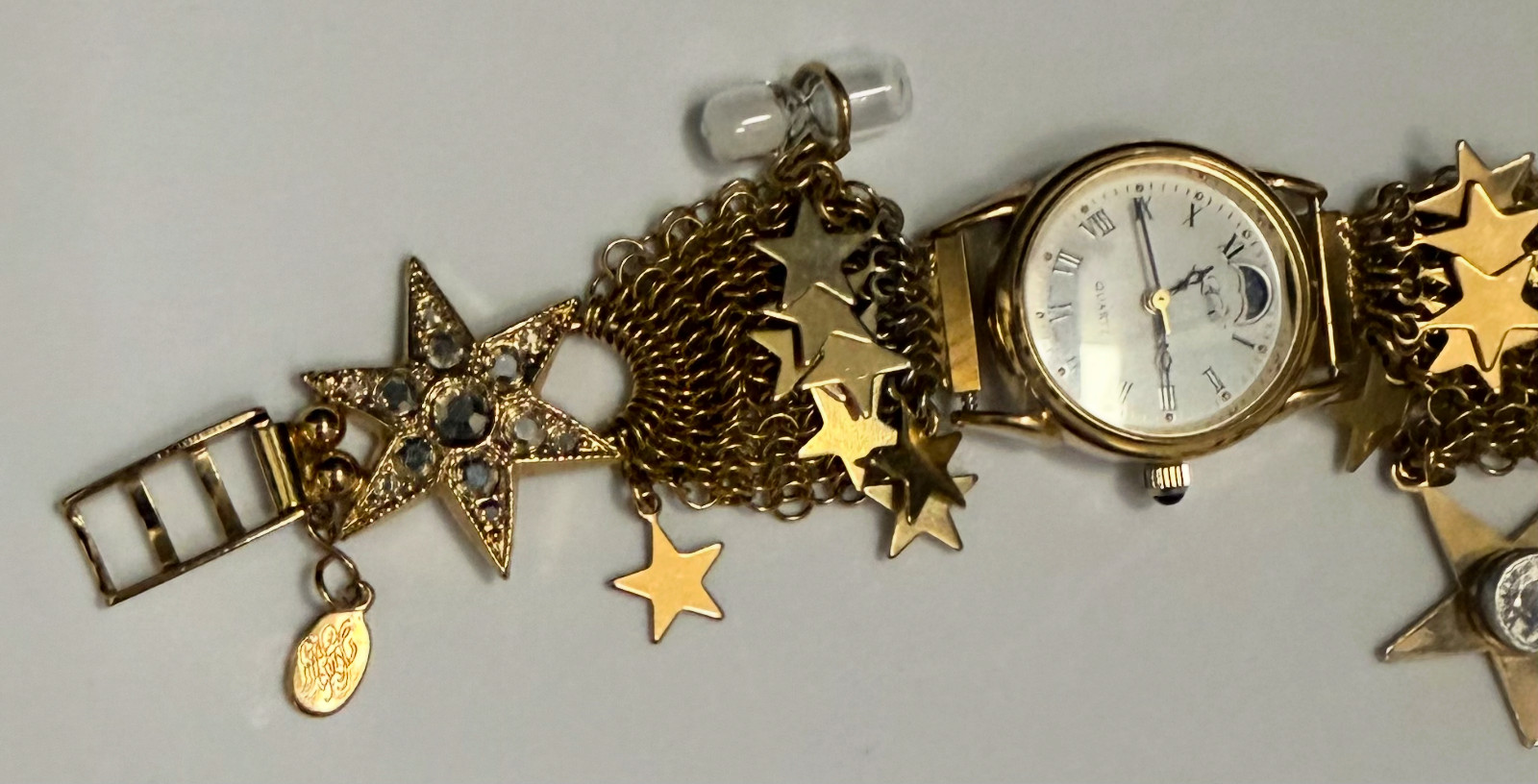 VINTAGE KIRK’S FOLLY CELESTIAL MOON STARS CHARM BRACELET WATCH COMPASS HOURGLASS