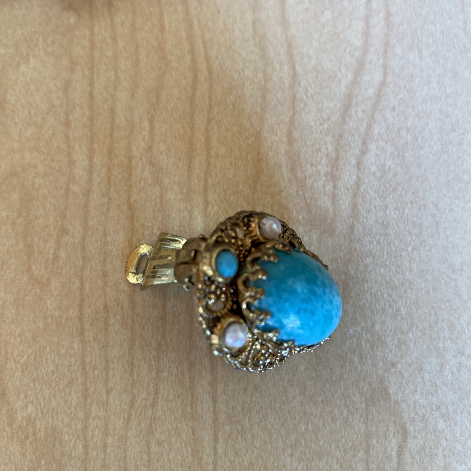 Vintage W. Germany Faux Turquoise Cabochon Filligree Brooch Pin & Clip Earrings