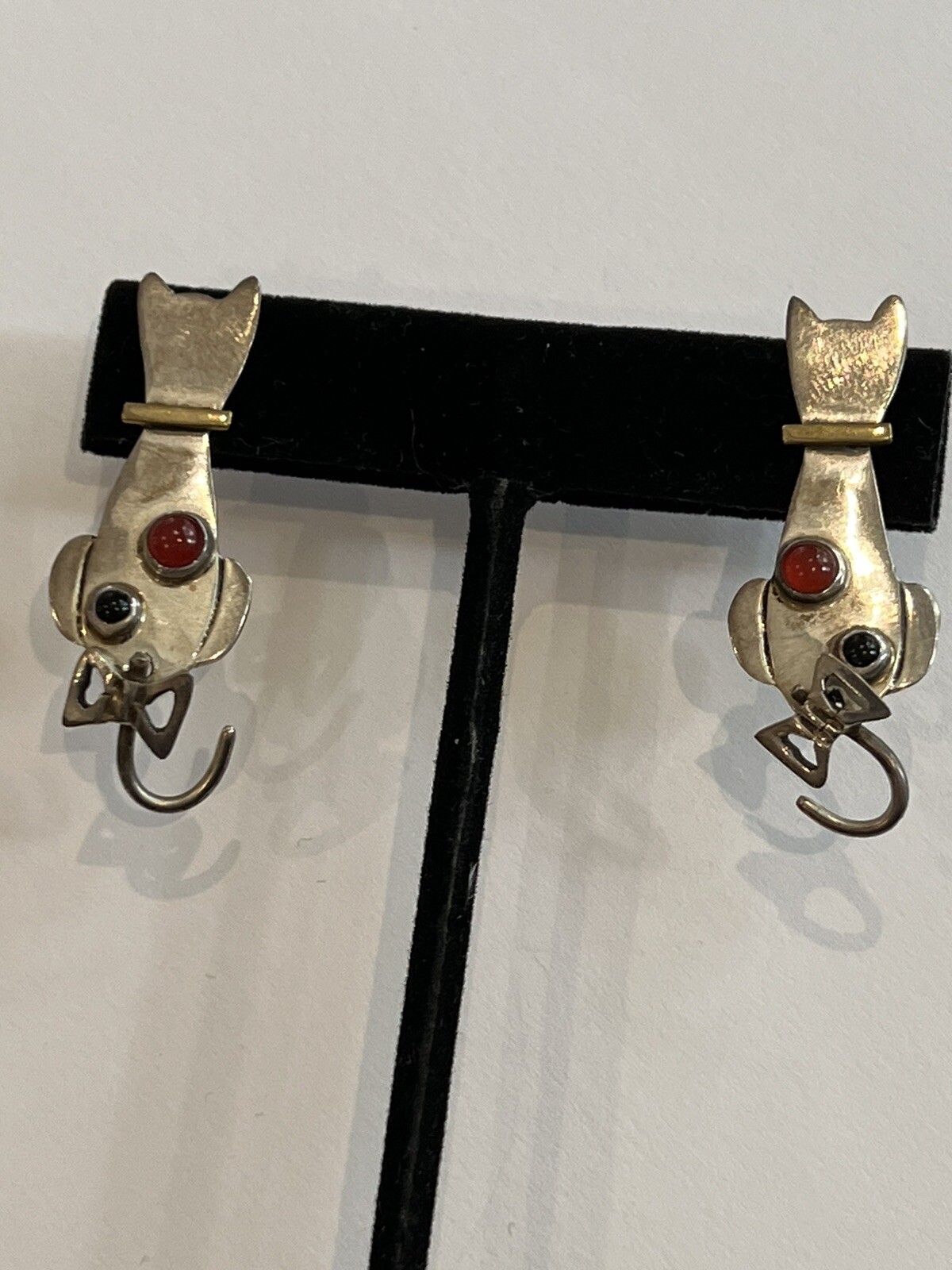 Vintage Mexico Sterling Slver Figural CAT Earrings MOVING TAIL Two Tone Gilt