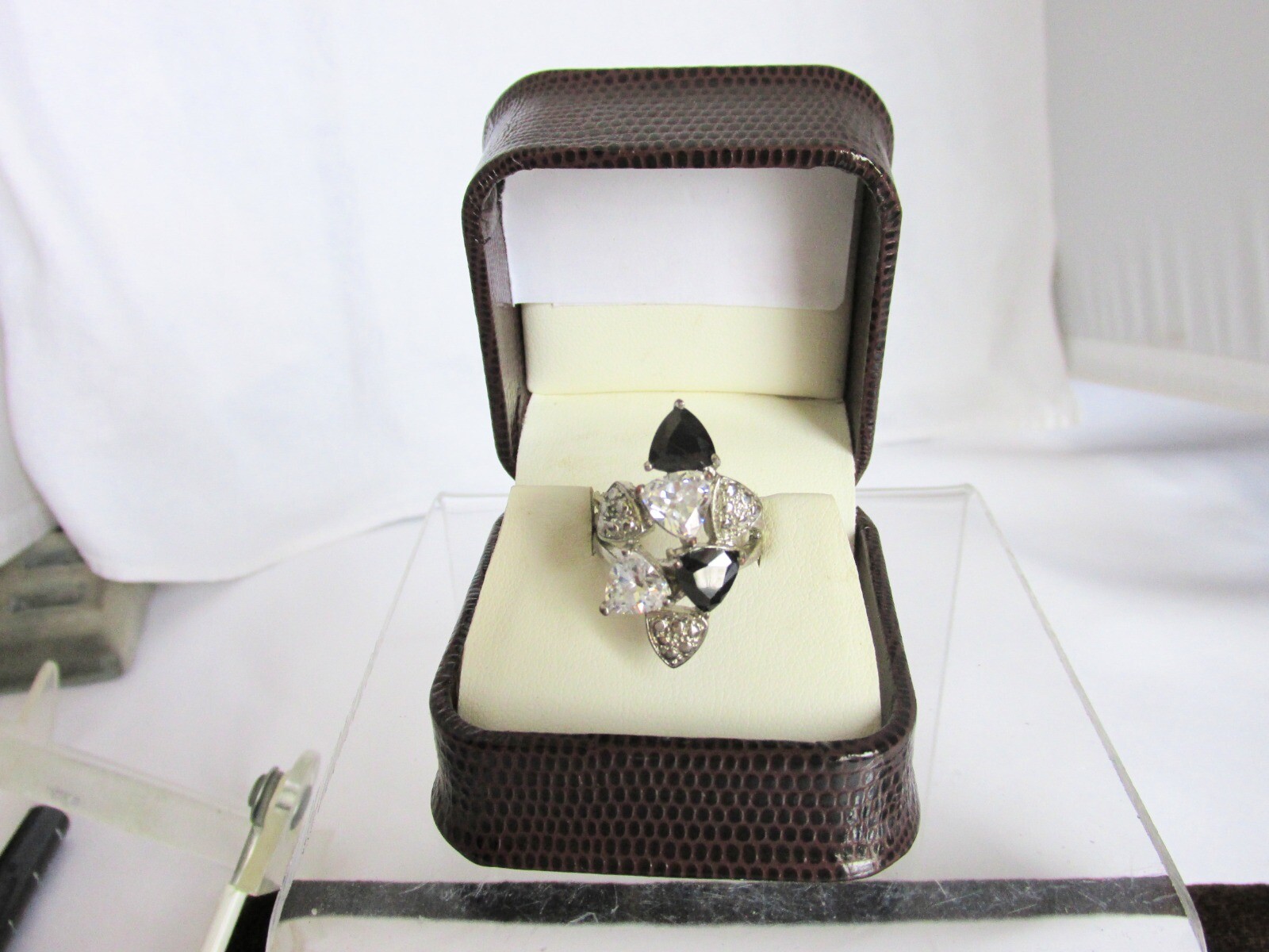 Vintage Black & Clear CZ Trillion Cut Cocktail Ring Silver Plate Sz 6.5