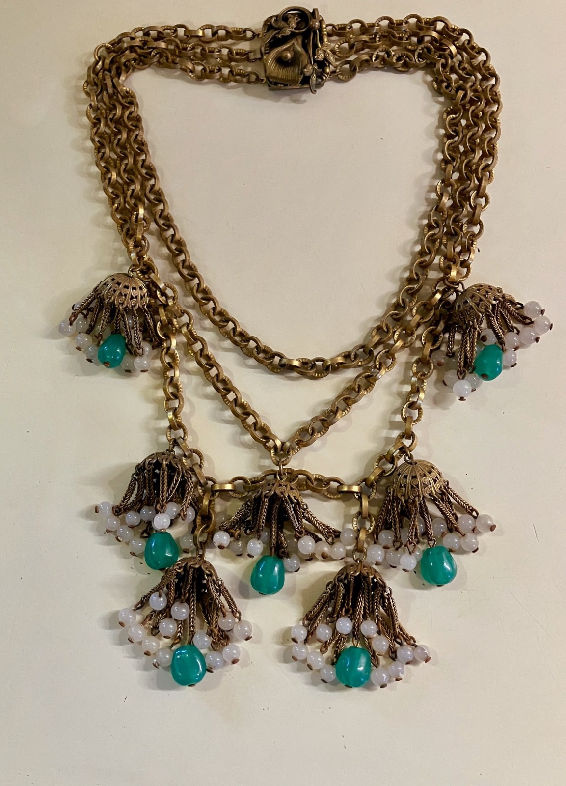 RARE EARLY MIRIAM HASKELL MULTI STRAND FESTOON NECKLACE GRIPOIX JADE GLASS DROPS