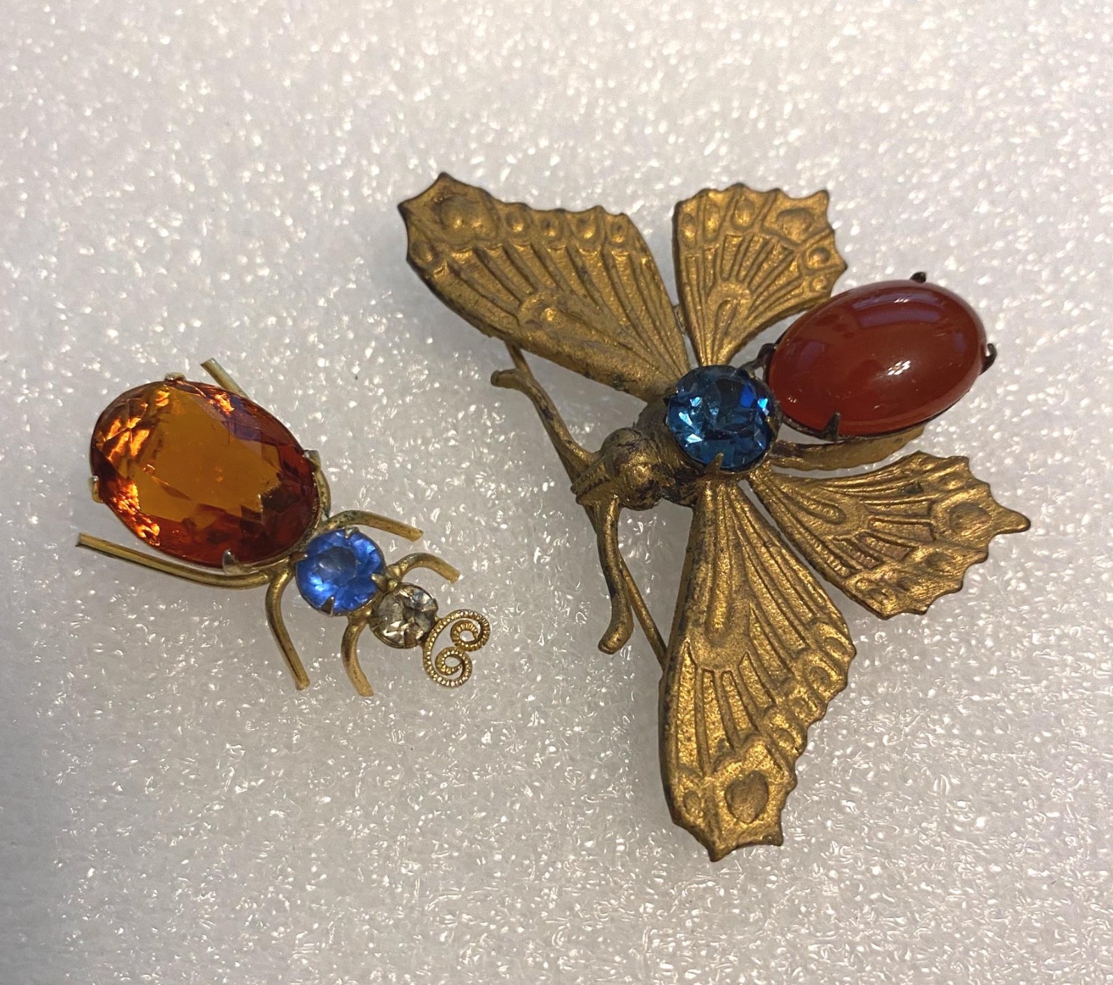 Antique Vintage Bug Pin Brooch Lot Butterfly Moth Blue Rhinestone Carnelian