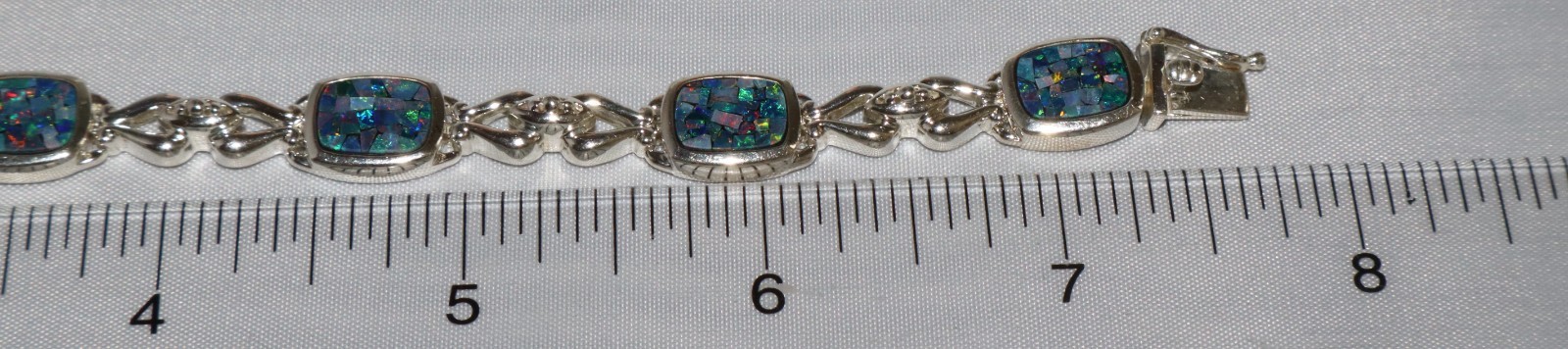 Vintage Sterling Silver Mosaic Opal Gem Inlay Link Michelle Albala Bracelet 7.5