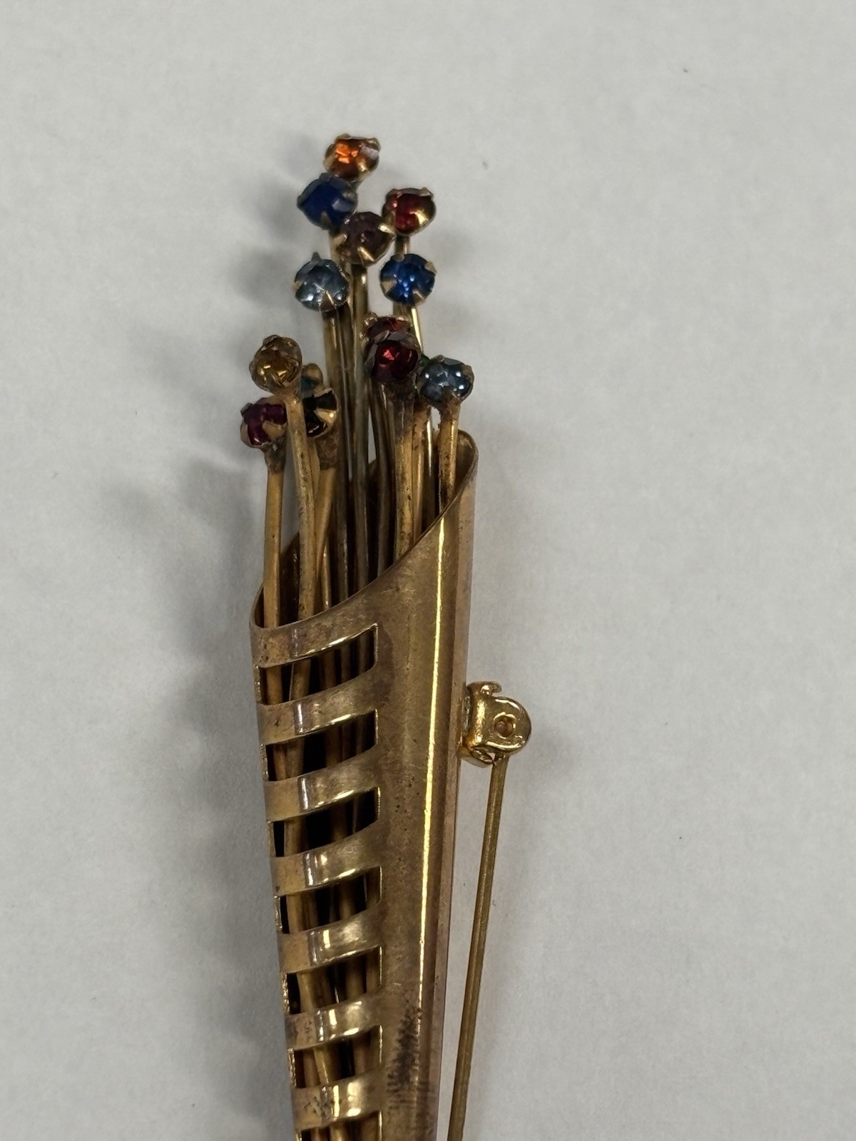 Vintage Rhinestone Flower Bouquet Brooch Wrapped Floral Design Gold Tone Pin