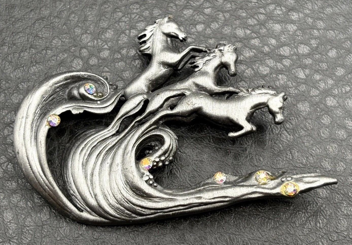 VTG Horses Riding Waves Equestrian AJC Pewter Aurora Borealis Crystal Brooch Pin