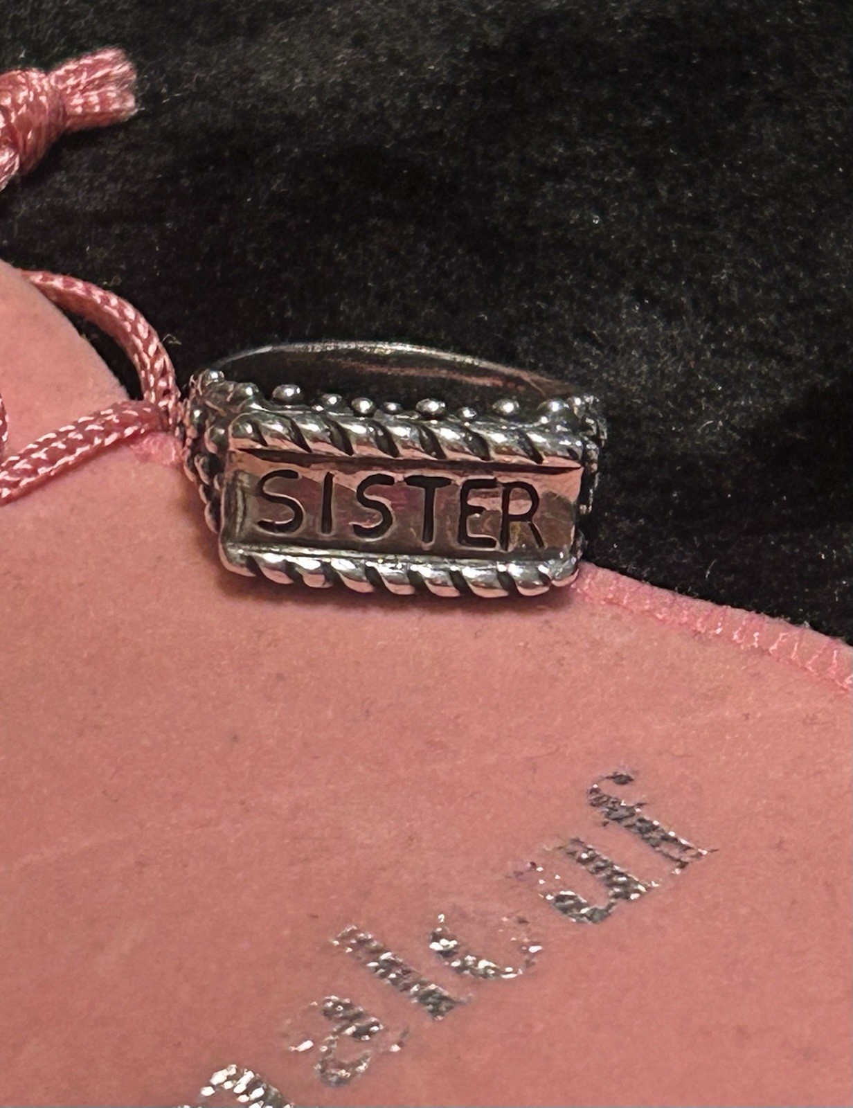 Vintage Dian Malouf “SISTER” Sterling Silver Ring Sz 10 With Original Pouch Bag
