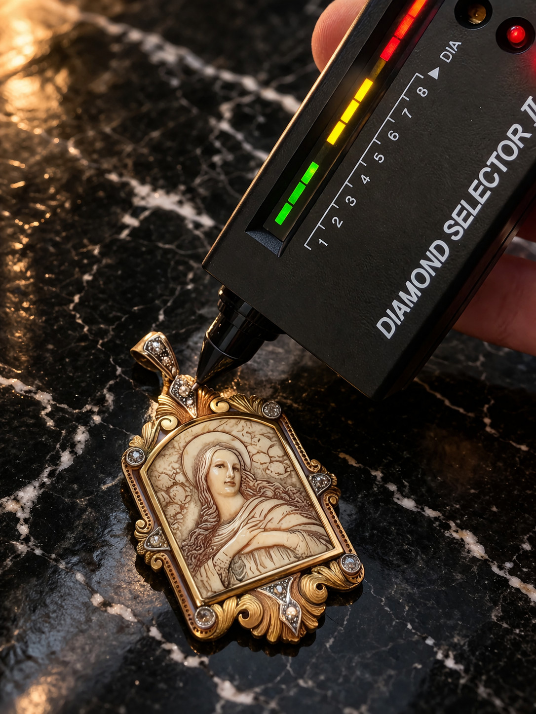 Antique 18K Gold Virgin Mary Pendant w/ 11 Diamonds Victorian Religious Rare XIX
