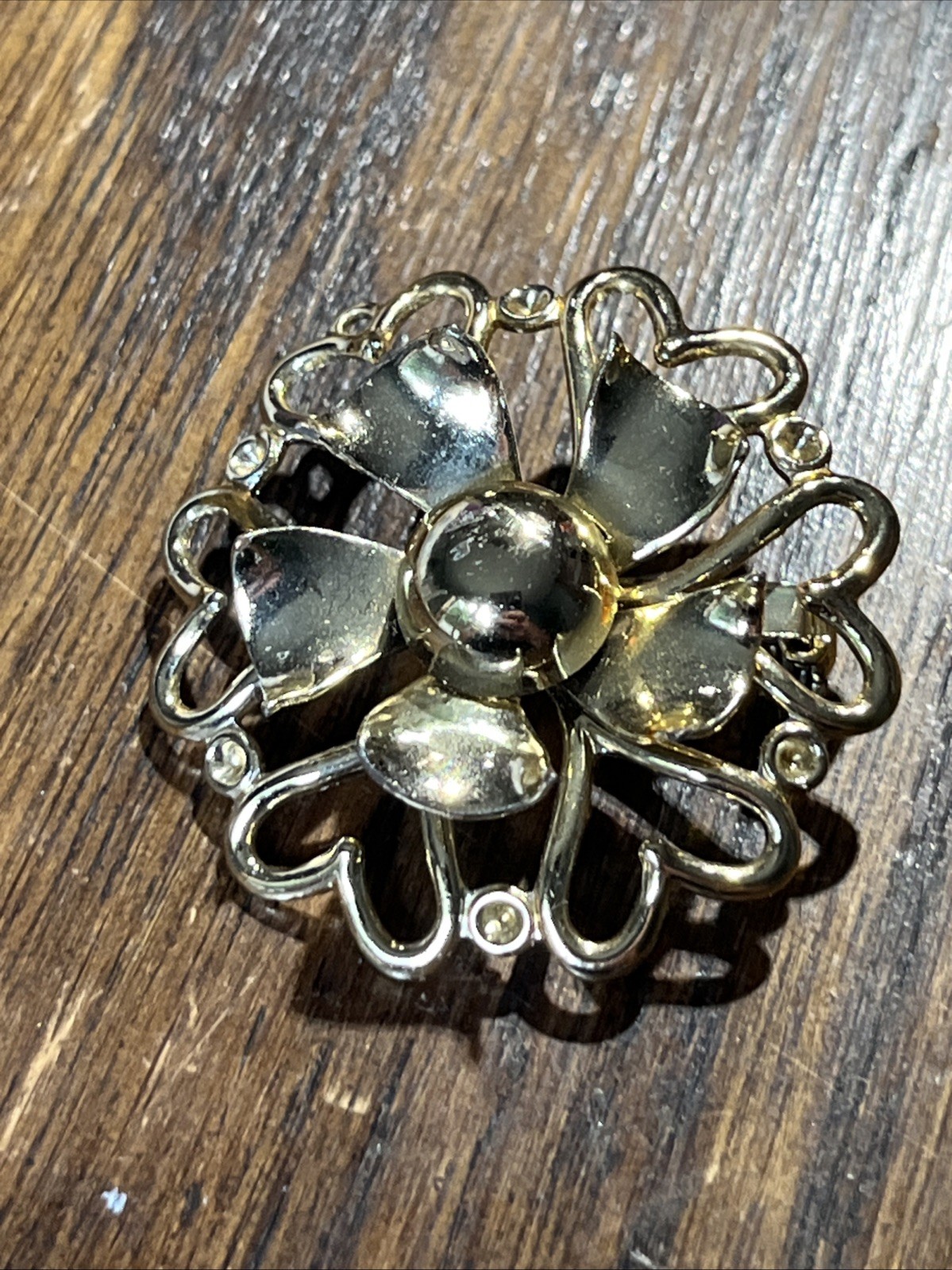 Vintage Gold Toned Flower And Hearts Brooch Pin