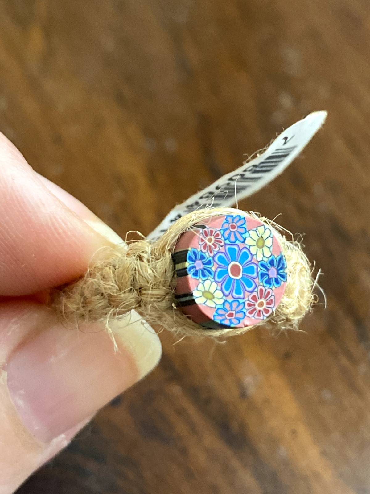 Vintage 1990s NEW Hemp Twine Psychedelic Hippy Floral Polymer Clay Ring