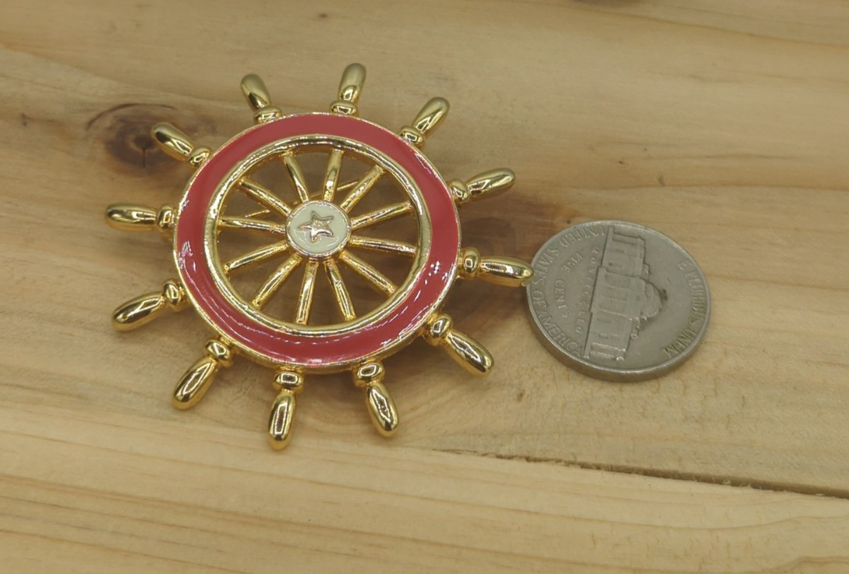 Vintage Danecraft Red Enameled Metal Nautical Ship Wheel Brooch Pin 2”