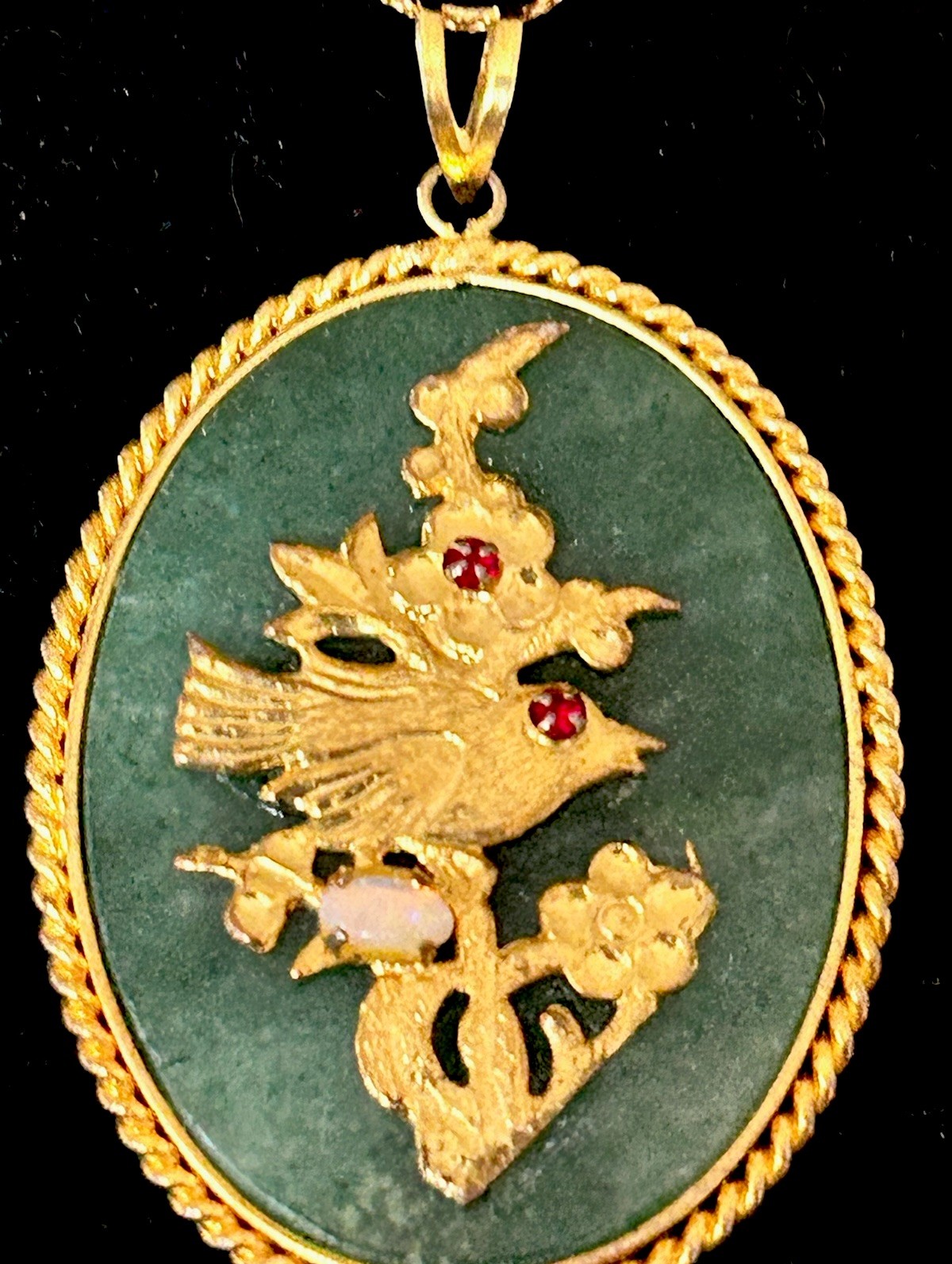 Vintage Real Jade Asian Pendant Happiness Theme Ruby & Opal Chips Two Sided E3