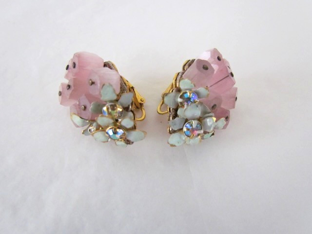 Vintage Sandor Earrings Rose Quartz Floral Cluster Enamel AB Rhinestones RARE