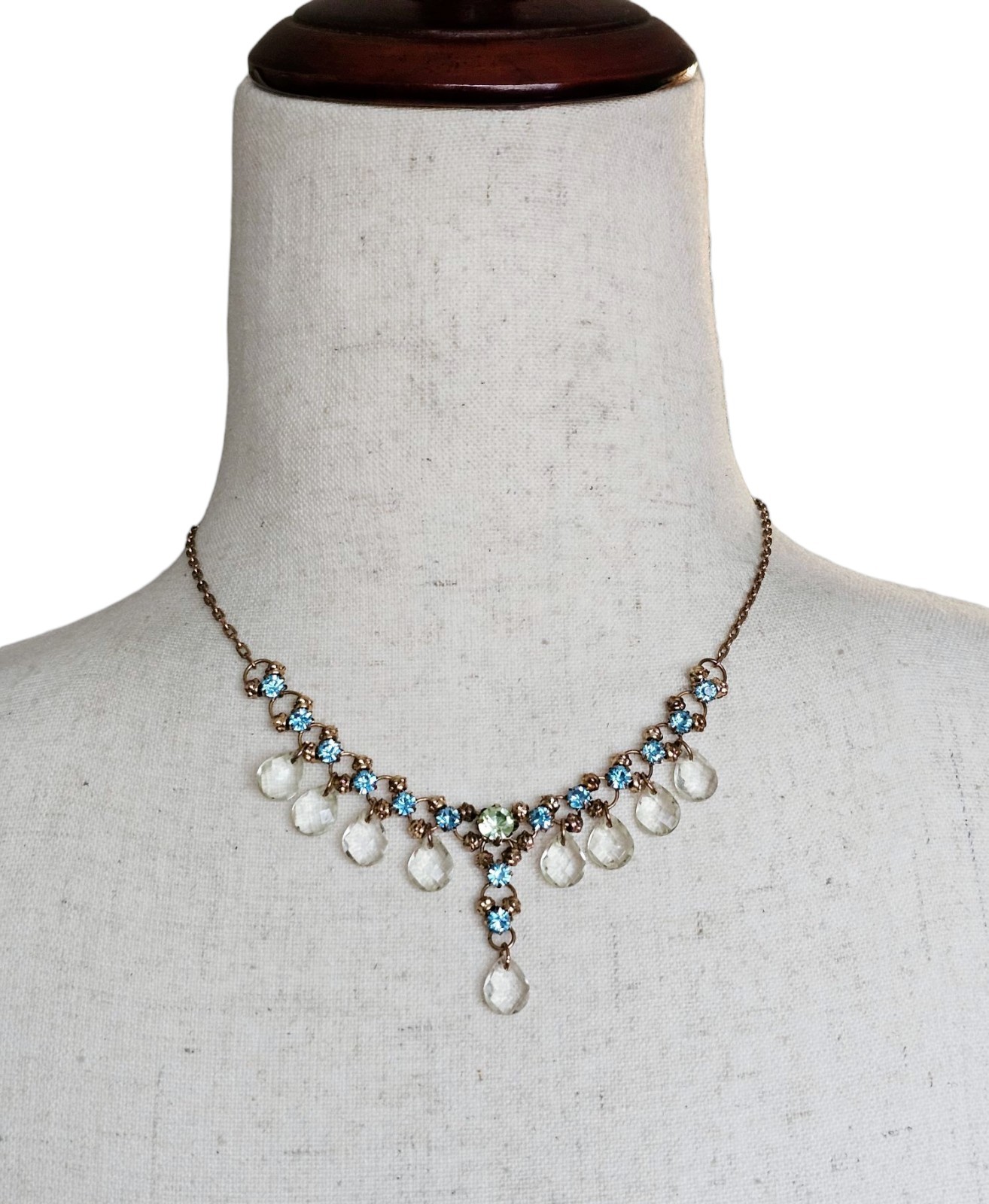Vintage Gold Tone Crystal Glass Acrylic Dangle Choker Necklace Victorian Style