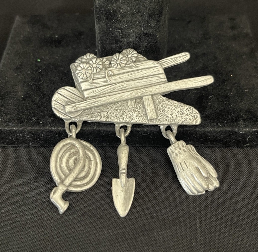 Spoontiques Pewter Garden Tools Brooch Shovel Hose Gloves Wheelbarrow Design