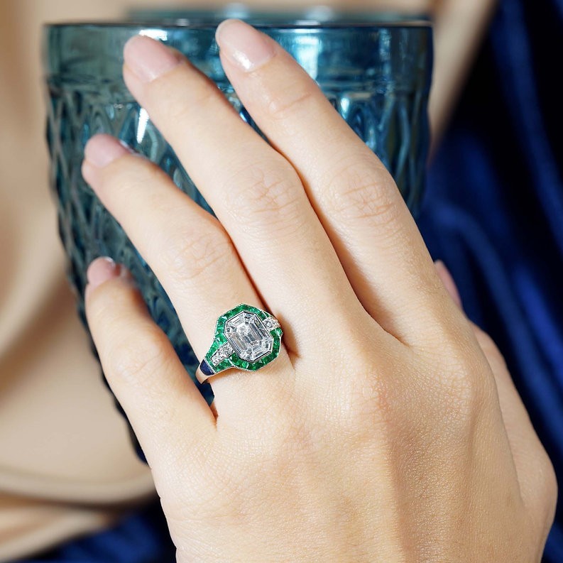 Art Deco 3Ct Lab Created Diamond and Emerald Anniversary 14K White Gold FN Ring