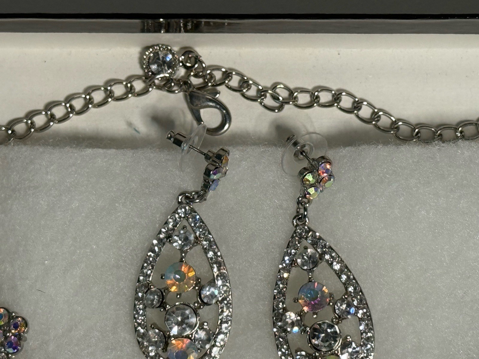 Aurora Borealis Rhinestone Necklace & Earrings Set – Silver-Tone Statement