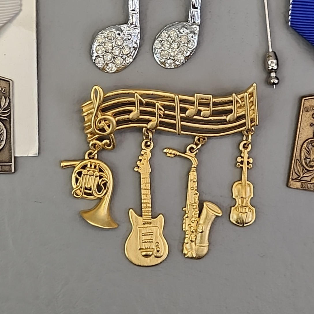 Vintage Music Lot of 6 Brooch, Medals, Stick Pins Notes Instruments
