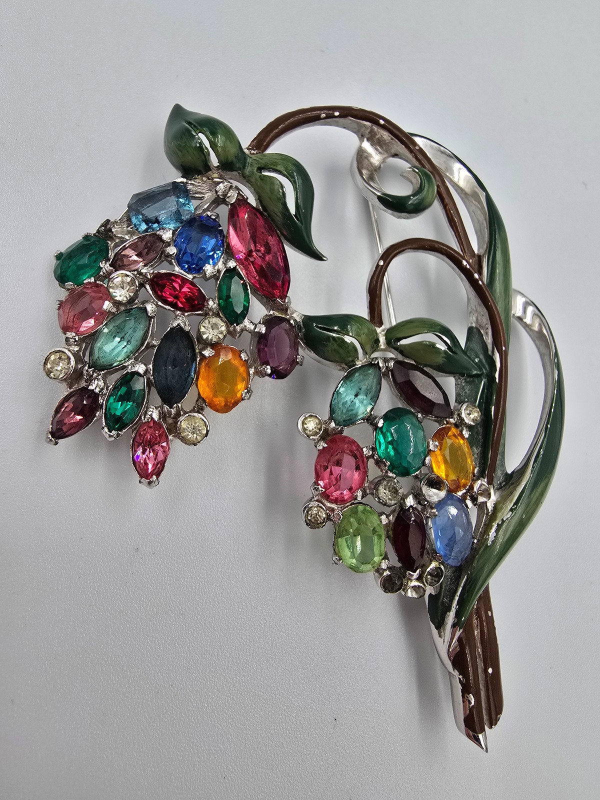 Vintage Enamel Pot Metal Flower Brooch Pin Multicolor Rhinestone Floral Bouquet