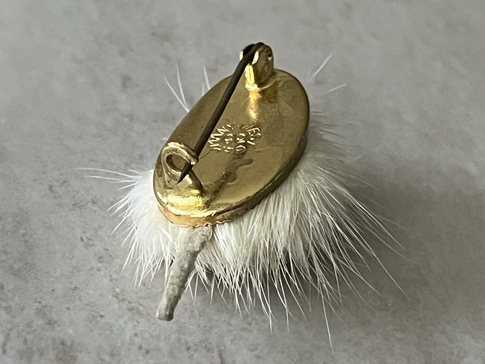 Vintage West Germany Signed Gold Tone White Faux(?) Fur Dog Brooch Pin